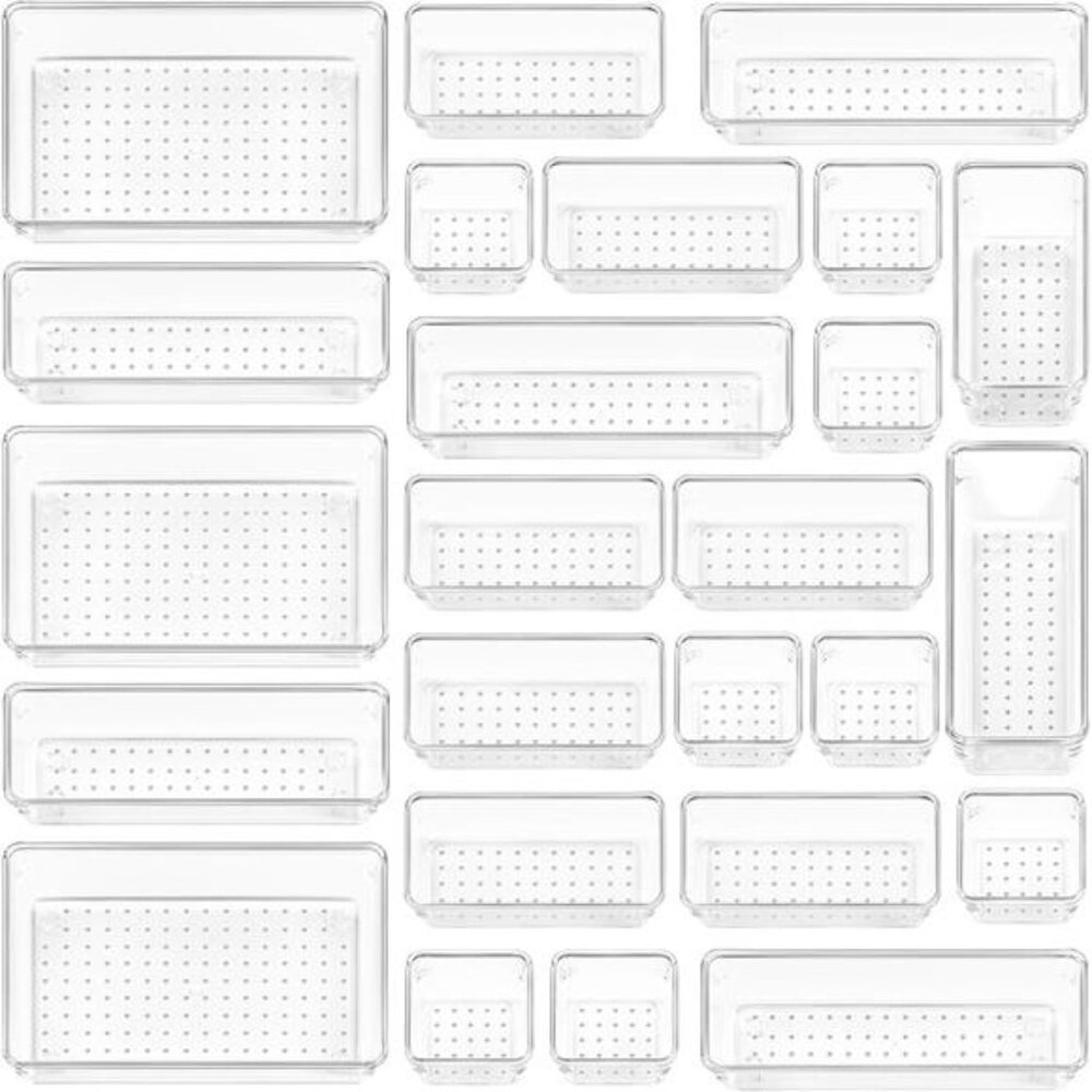25 PCS Clear Plastic Drawer Organizers Set, 4-Size Versatile Bathroom and Vanity